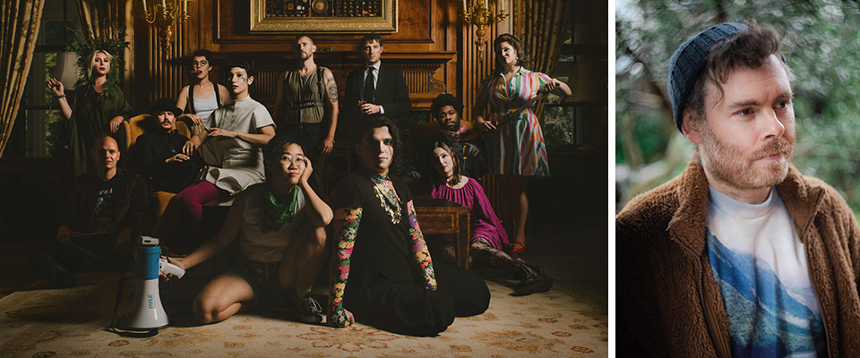 Roomful of Teeth ensemble sitting in a extravagant foyer looking at the camera. The right 1/3 of the image is a headshot of Gabriel Kahane looking off to the right in a brown jacket and blue hoodie 