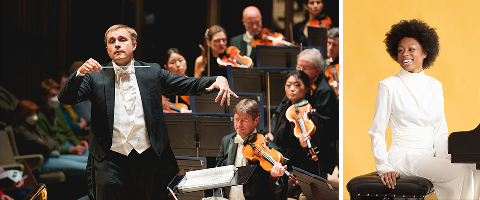 Royal Philharmonic Orchestra music director, Vasily Petrenko, conducting musicians on left side of image. On right side of image is a headshot of pianist, Isata Kanneh-Mason sitting at a piano in an all white outfit looking to the left smiling. 