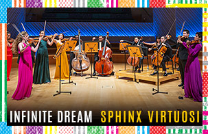 Sphinx Virtuosi performing standing on stage in a half circle, image surrounded by colored flag Infinite Dream border