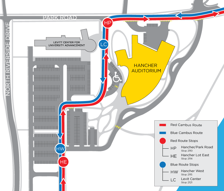 Cambus routes to and from Hancher Auditorium