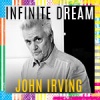 Black and white headshot of John Irving with colored flag Infinite Dream boarder