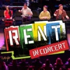 Vocal singers standing on stage with graphic RENT in Concert in lower right
