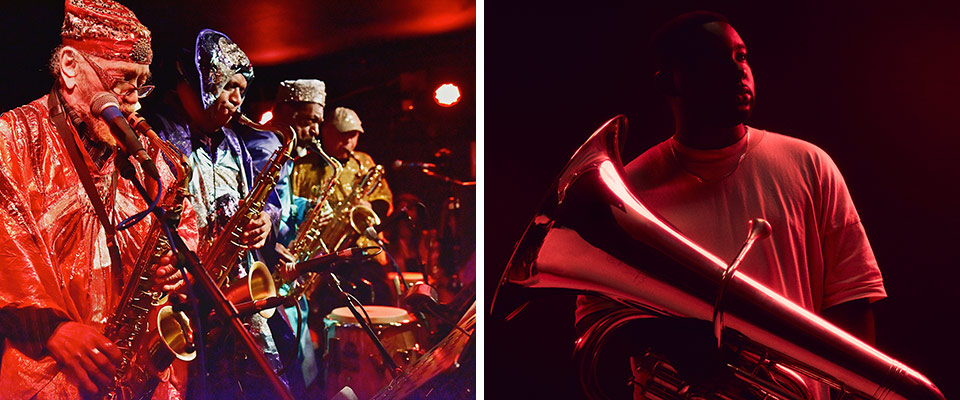 Left image Sun Ra Arkestra playing brass instruments and right image Thon Cross with Tuba