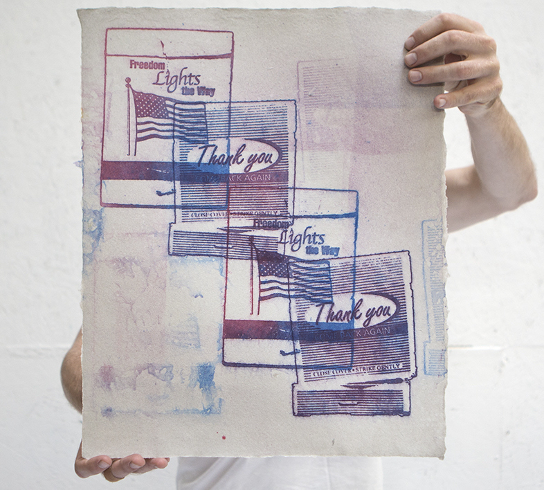 Pulp print on handmade paper from military uniforms