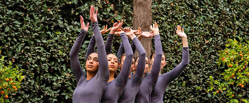 Trisha Brown Dance Company: In Plain Site Trisha Brown dancers next to greenery with their hands above their head