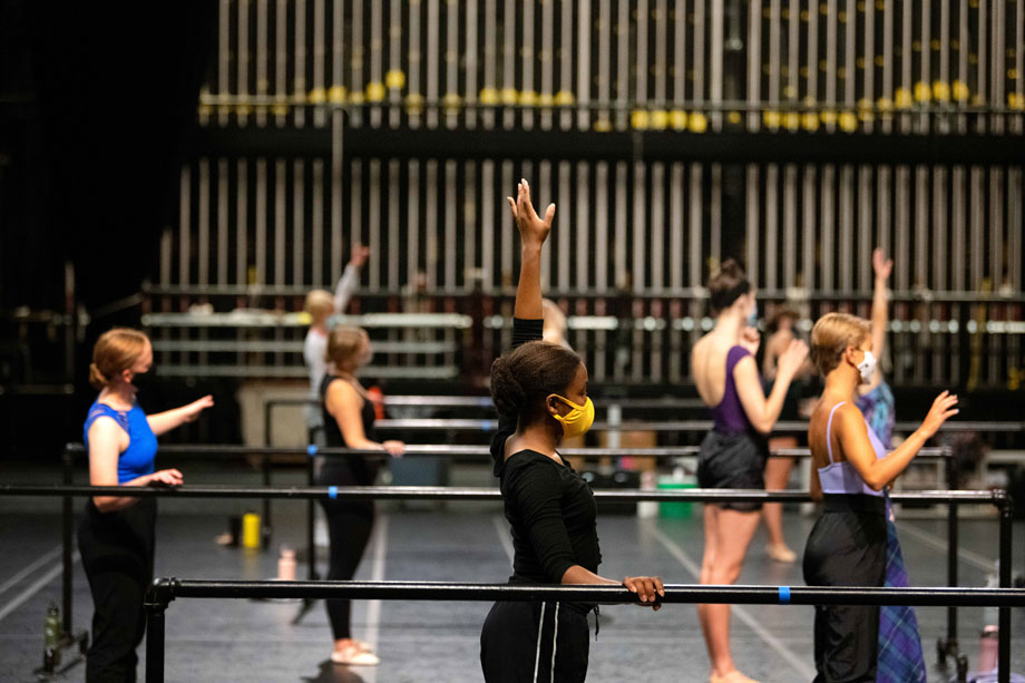 Ballet class on the Hadley Stage at Hancher Auditorium, August 27, 2020 (Photo: Justin Torner)