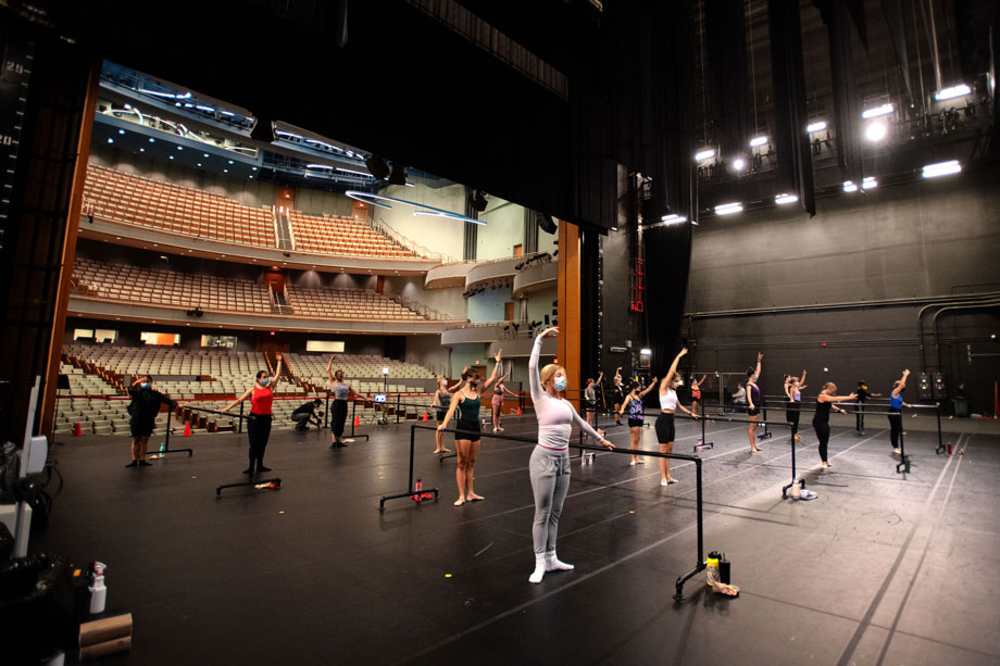Ballet class on the Hadley Stage at Hancher Auditorium, August 27, 2020 (Photo: Justin Torner)