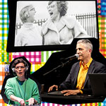 32 Sounds film playing in background. Sam Green and JD Samson sitting in front of screen