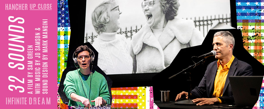 32 Sounds 32 Sounds film playing in background. Sam Green and JD Samson sitting in front of screen