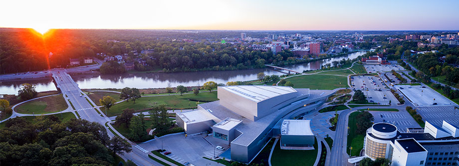 Hancher Auditorium and the Iowa River at sunrise