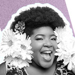 Dulce Sloan in a black and white image with white flowers around her face. The back of the poster is purple