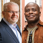 Emanuel Ax on left in a brick rehearsal room, Anthony McGill on right in city ally holding a clarinet