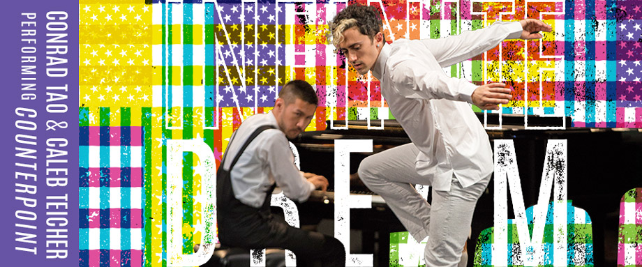 Contrad Tao playing piano and Caleb Teicher dancing against Hancher's Infinite Dream flag treatment