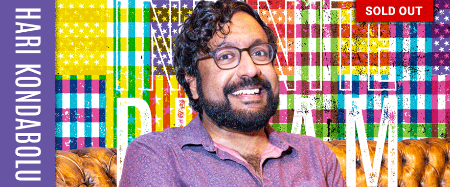 Hari Kondabolu headshot against Hancher's Infinite Dream colored flag treatment