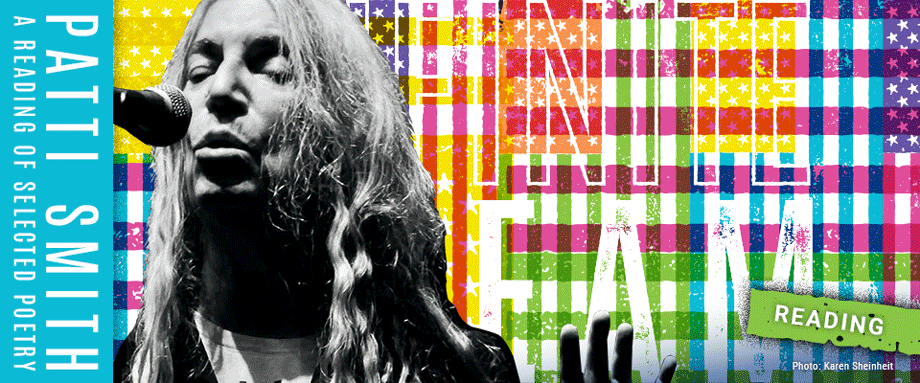 Patti Smith black and white photo cut out in front of a microphone against Hancher's Infinite Dream colored flag treatment