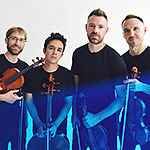 JACK Quartet standing with their instruments looking at the camera with a blue overlay diagonally crossing their midbodies