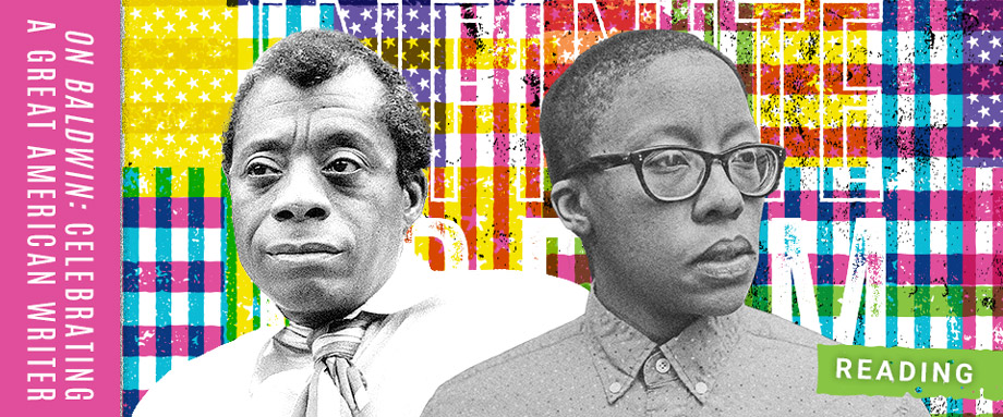 On Baldwin: Headshot of Donika Kelly and image of James Baldwin against Infinite Dream flag treatment