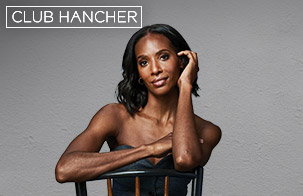 Zainab Johnson sitting backwards in a chair with her arms crossed across the top. Club Hancher text treatment in upper left corner